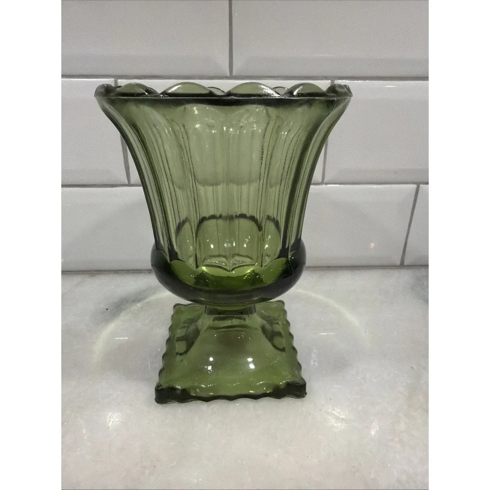 Hazel-Atlas Avocado Green Footed Vase ATC50 Fluted Pedestal 5.75